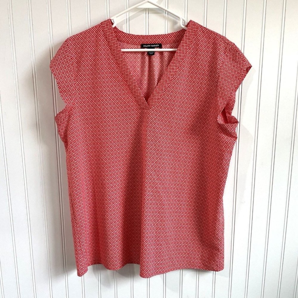 Hilary Radley Womens Large Pink White Geometric VNeck Short Sleeve Blouse